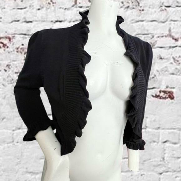 INC Black Ruffle Cropped Cardigan Sweater Jacket Size Medium - Picture 2 of 11